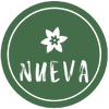 Circular logo with a white flower and 'NUEVA' text on a green background